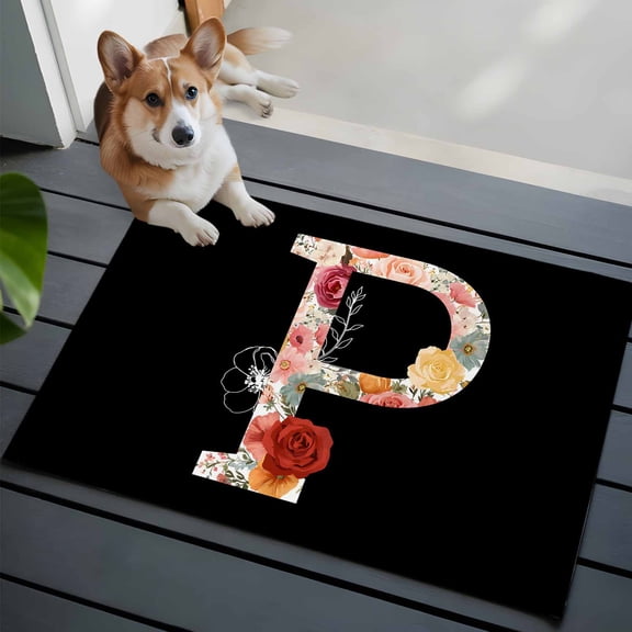 Black Letter P Flower Front Door Rugs 2x3 ft Watercolor Alphabet P Pink Beige Floral Leaf Small Rug for Entryway Non Slip Washable Bathroom Door Mat Absorbent Floor Mat for Indoor Entrance