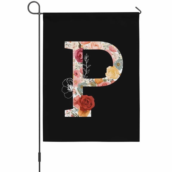 Black Letter P Flower Garden Flag 12 x 18 Inches, Watercolor Alphabet P Pink Beige Floral Leaf Weather Proof Outdoor Patio Flags Double Sided Small Garden Decoration for Yard Outside Home
