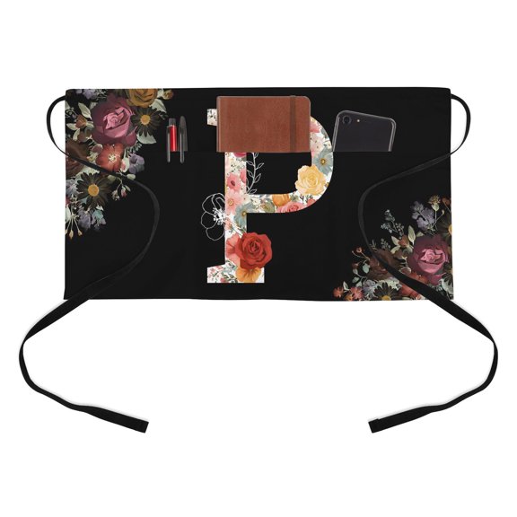 Black Letter P Flower Half Waist Apron Watercolor Alphabet P Pink Beige Floral Leaf Short Waiter Aprons with 3 Pockets for Women Men Kitchen Restaurant Cooking