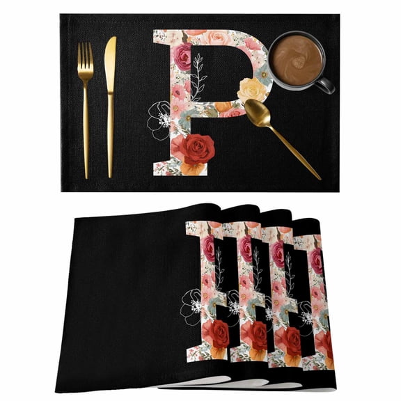 Black Letter P Flower Placemats Set of 2, Watercolor Alphabet P Pink Beige Floral Leaf Non-Slip Place Mats Washable Table Mats for Kitchen Dining Table Decorations Indoor/Outdoor