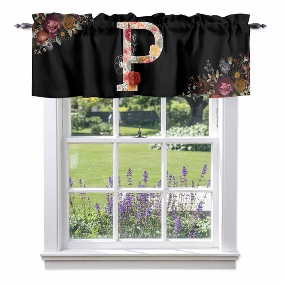 Black Letter P Flower Valance Curtain for Windows Watercolor Alphabet P Pink Beige Floral Leaf Rod Pocket Curtain Valances Short Window Treatments for Kitchen Bathroom Laundry Basement 56 x 16 Inch