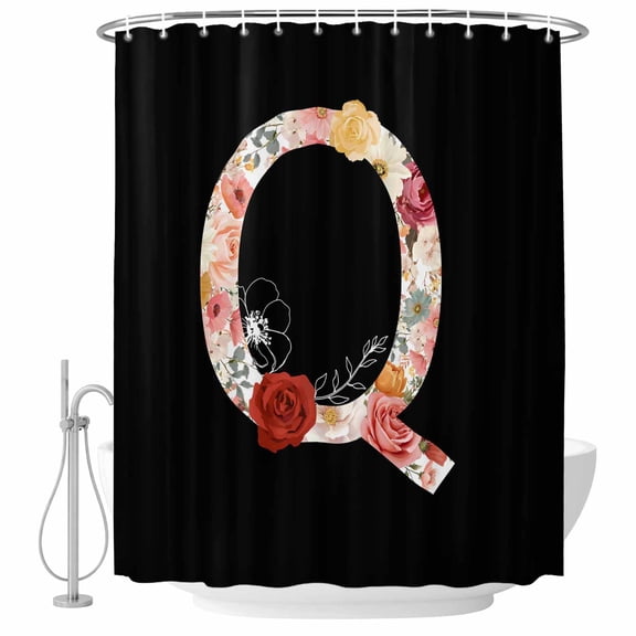 Black Letter Q Flower Bathroom Shower Curtains with Hooks, Watercolor Alphabet Q Pink Beige Floral Leaf Waterproof Fabric Washable Shower Curtain for Home Hotel Bathtub Decor 72x84 Inch