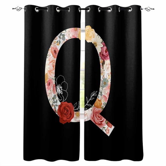 Black Letter Q Flower Blackout Curtains 96 Inch Length Watercolor Alphabet Q Pink Beige Floral Leaf Thermal Insulated Window Curtain Window Drapes 2 Panels for Bedroom Living Room 52"Wx96"L