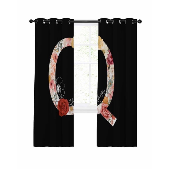 Black Letter Q Flower Blackout Curtains for Bedroom Living Room, Watercolor Alphabet Q Pink Beige Floral Leaf 39 In Long Thermal Insulated Room Darkening Drapes Grommet Window Treatments, 27.5x39 In