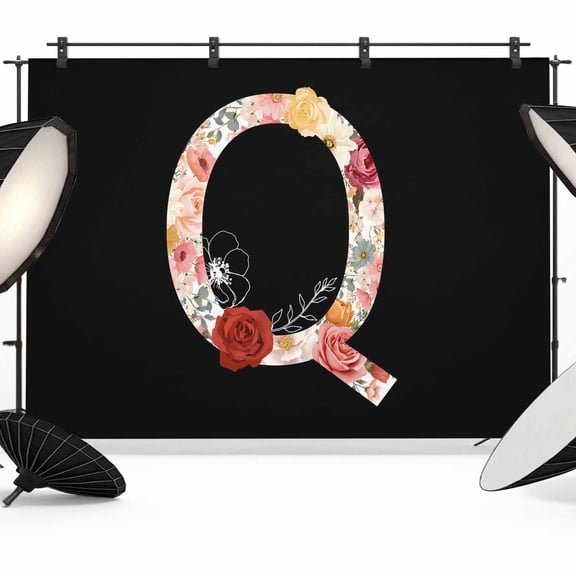 Black Letter Q Flower Photography Backdrop 7x5FT, Watercolor Alphabet Q Pink Beige Floral Leaf Photo Backdrops, Background for Photography Studio Photo Studio Background, Back Drop for Photoshoot