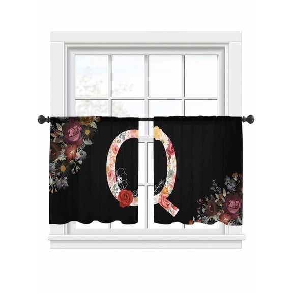 Black Letter Q Flower Sheer Curtains 2 Panels Set Watercolor Alphabet Q Pink Beige Floral Leaf Sheer Window Curtains Light Filtering Rod Pocket Voile Drapes for Bedroom Living Room 52"x45"