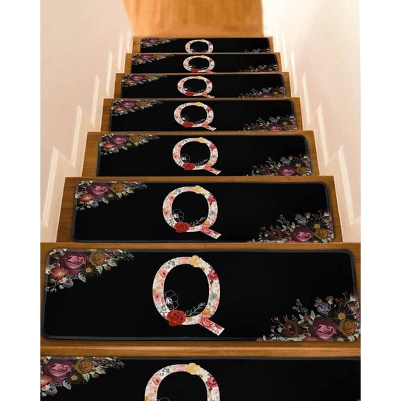 Black Letter Q Flower Stair Treads Watercolor Alphabet Q Pink Beige Floral Leaf Indoor Non Slip Peel and Stick Stair Treads for Wooden Steps 7 PCS, Soft Adhesive Staircase Mats Runner Rugs 8"x30"