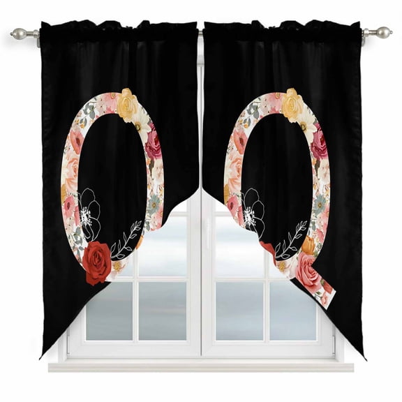 Black Letter Q Flower Swag Curtain Valance for Window 2 Panels Watercolor Alphabet Q Pink Beige Floral Leaf Rod Pocket Small Window Swag Valances for Kitchen Bedroom Bathroom 28" W x 36" L