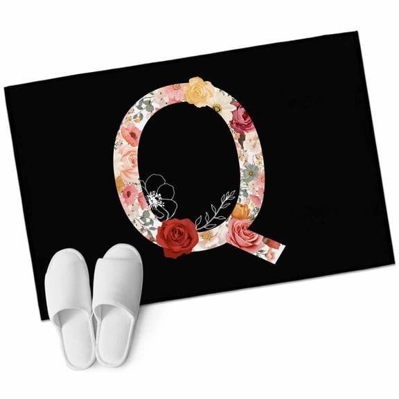 Black Letter Q Flower Washable Area Rug 2 x 3 ft Watercolor Alphabet Q Pink Beige Floral Leaf, Soft Non Slip Rugs Stain Repellent Indoor Felt Carpet for Living Dining Room Bedroom Home Office
