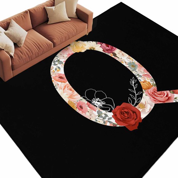 Black Letter Q Flower Washable Area Rug 5 x 7 ft Watercolor Alphabet Q Pink Beige Floral Leaf, Soft Non Slip Rugs Stain Repellent Indoor Felt Carpet for Living Dining Room Bedroom Home Office