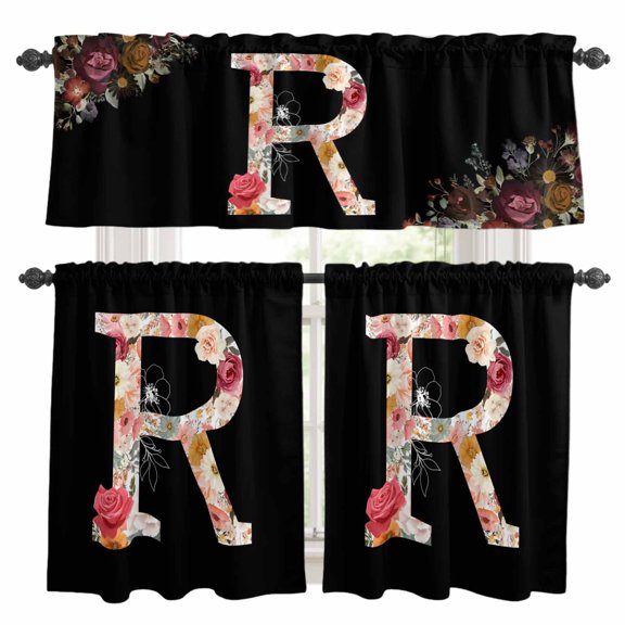 Black Letter R Flower Kitchen Curtains Valances and Tiers Set of 3 Watercolor Alphabet R Pink Beige Floral Leaf Tier Curtains and Valance with Rod Pocket for Small Windows, 27.5"x24"