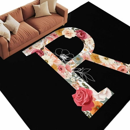 Black Letter R Flower Washable Area Rug 5 x 7 ft Watercolor Alphabet R Pink Beige Floral Leaf, Soft Non Slip Rugs Stain Repellent Indoor Felt Carpet for Living Dining Room Bedroom Home Office