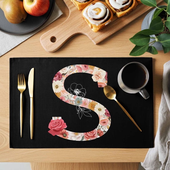 Black Letter S Flower Placemats Set of 1, Watercolor Alphabet S Pink Beige Floral Leaf Heat Insulated Linen Place Mats, Washable Stain-Proof Table Mats for Dining Tables Holiday Decor 13x19 Inches