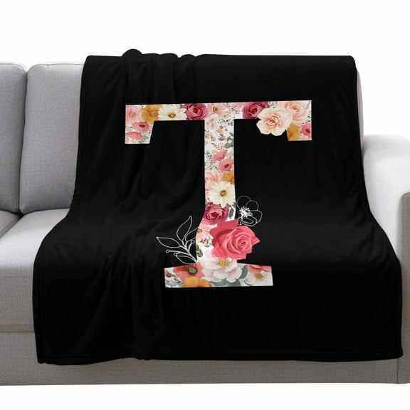 Black Letter T Flower Fleece Throw Blanket Lightweight Watercolor Alphabet T Pink Beige Floral Leaf Fuzzy Flannel Throws Super Soft Cozy Flannel Blanket for Couch, Sofa, Bed, Travel 40"x50"