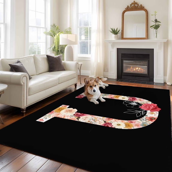 Black Letter U Flower Large Area Rugs 6x9 ft Watercolor Alphabet U Pink Beige Floral Leaf Washable Rug Non Slip Indoor Carpet Absorbent Floor Mat for Living Room Bedroom Dining Room