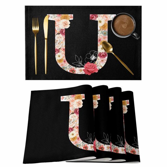 Black Letter U Flower Placemats Set of 1, Watercolor Alphabet U Pink Beige Floral Leaf Non-Slip Place Mats Washable Table Mats for Kitchen Dining Table Decorations Indoor/Outdoor