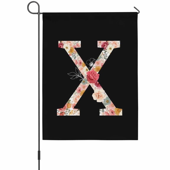 Black Letter X Flower Garden Flags For Outdoor, Watercolor Alphabet X Pink Beige Floral Leaf Small Double Side Yard Flags Weather Proof Garden Decor for Lawn Outside Holiday 12 x 18 Inches