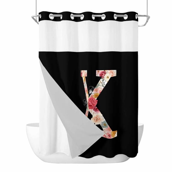 Black Letter X Flower No Hook Shower Curtain with Snap in Liner Watercolor Alphabet X Pink Beige Floral Leaf Waterproof Bathroom Shower Curtain with See Through Top Window for Bathtub 72" x 84"
