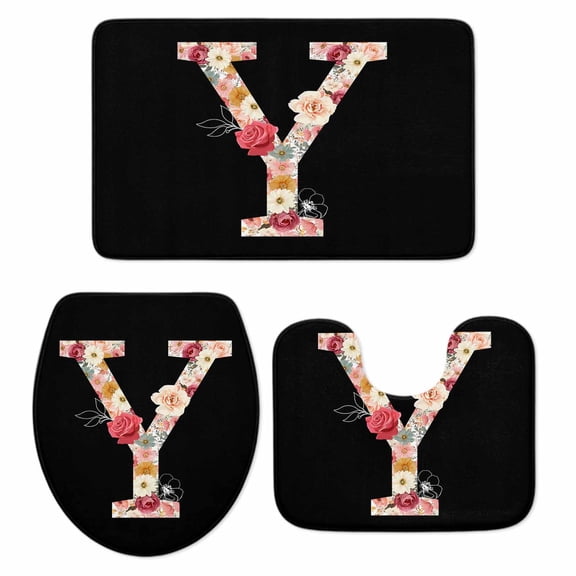 Black Letter Y Flower Bathroom Rugs Set Watercolor Alphabet Y Pink Beige Floral Leaf Non Slip Absorbent Soft Bath Mats 3 Piece Set with Bathroom Rug, U-Shaped Floor Mat, Toilet Seat Cover Small Size
