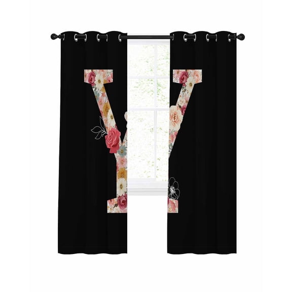 Black Letter Y Flower Blackout Curtains for Bedroom Living Room, Watercolor Alphabet Y Pink Beige Floral Leaf 39 In Long Thermal Insulated Room Darkening Drapes Grommet Window Treatments, 27.5x39 In