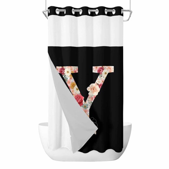 Black Letter Y Flower No Hook Shower Curtain with Snap in Liner Watercolor Alphabet Y Pink Beige Floral Leaf Waterproof Bathroom Shower Curtain with See Through Top Window for Bathtub 36" x 72"