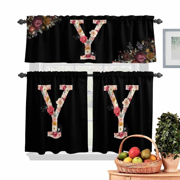 Black Letter Y Flower Kitchen Curtains Valances 3 Piece Set, Watercolor Alphabet Y Pink Beige Floral Leaf Rod Pocket Tier Curtain and Valance Drapes for Small Window 24 Inch Length for Bedroom Cafe