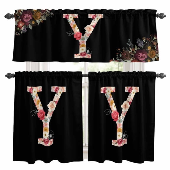 Black Letter Y Flower Kitchen Curtains Valances and Tiers Set of 3 Watercolor Alphabet Y Pink Beige Floral Leaf Tier Curtains and Valance with Rod Pocket for Small Windows, 27.5"x24"