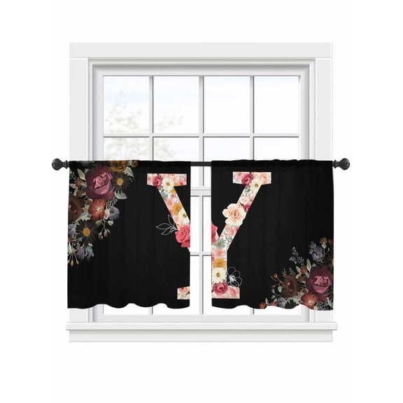Black Letter Y Flower Sheer Curtains 2 Panels Set Watercolor Alphabet Y Pink Beige Floral Leaf Sheer Window Curtains Light Filtering Rod Pocket Voile Drapes for Bedroom Living Room 52"x45"