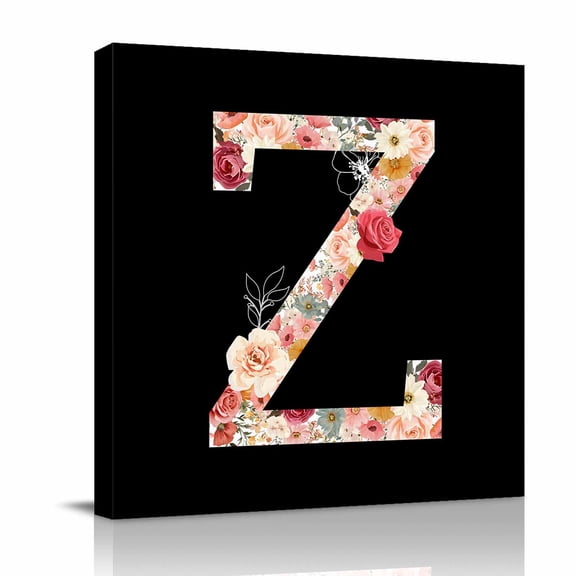 Black Letter Z Flower Canvas Wall Art for Living Room, Watercolor Alphabet Z Pink Beige Floral Leaf Wall Decor Framed Artwork Pictures Ready to Hang for Bedroom Office Home Decor