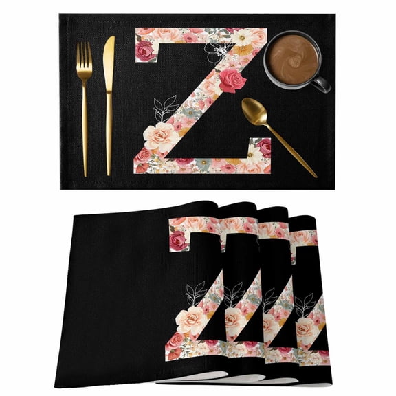 Black Letter Z Flower Placemats Set of 1, Watercolor Alphabet Z Pink Beige Floral Leaf Non-Slip Place Mats Washable Table Mats for Kitchen Dining Table Decorations Indoor/Outdoor