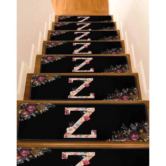 Black Letter Z Flower Stair Treads Watercolor Alphabet Z Pink Beige Floral Leaf Indoor Non Slip Peel and Stick Stair Treads for Wooden Steps 4 PCS, Soft Adhesive Staircase Mats Runner Rugs 8"x30"