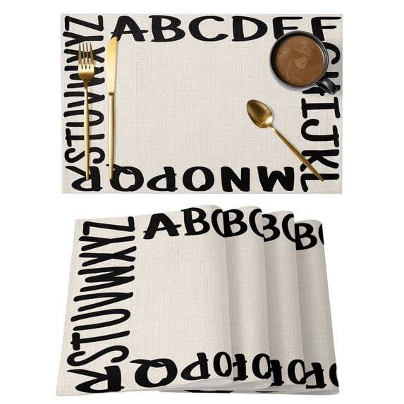 Black Letters Placemats Set of 6 Modern Minimalist Style Beige Place Mats Indoor Wipeable Table Mats Washable Cloth Dining Table Placemats for Kitchen Holiday Party Home Decor 13x19 Inch