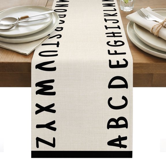Black Letters Table Runner Modern Minimalist Style Beige Tablerunners 13 x 70 Inch, Table Decorations Tabletop Scarf for Summer Gathering Holiday Farmhouse Kitchen Dining Decor