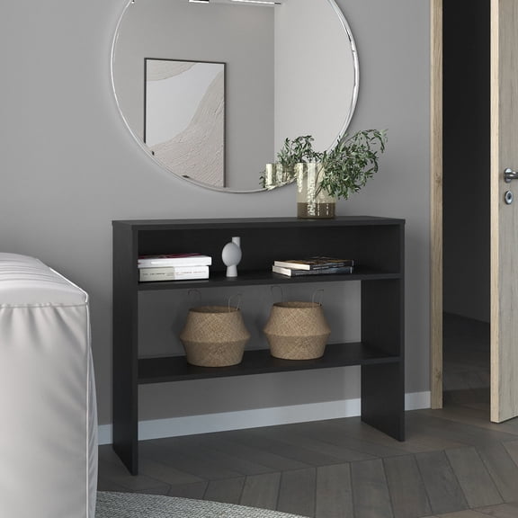 Black Library Desk with Ample Storage, 2 Shelves / Easy Assembly for Workspace