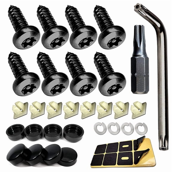 Black License Plate Screws- Stainless Steel Plate Mounting Hardware for Car Tag Frame, Anti-Theft Security Self-Tapping Screws Fit Front Bumper, with Matte Black Caps, Insert Fasteners