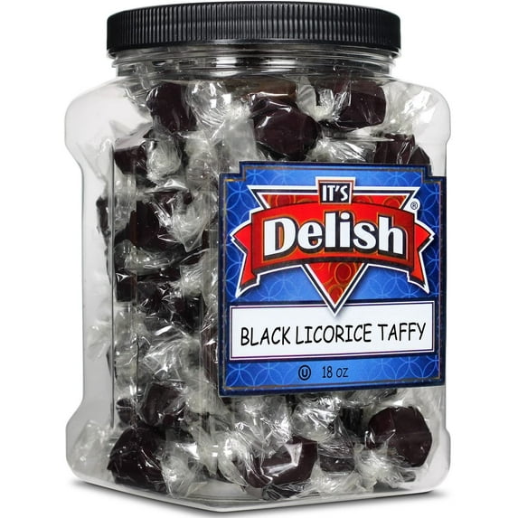 Black Licorice Flavored Taffy Chews by It's Delish, 18 Oz Jumbo Container Individually Wrapped Gourmet Soft Fluff Taffies - Perfect Trick or Treat Candy for Black Themed Parties, USA Made & Kosher