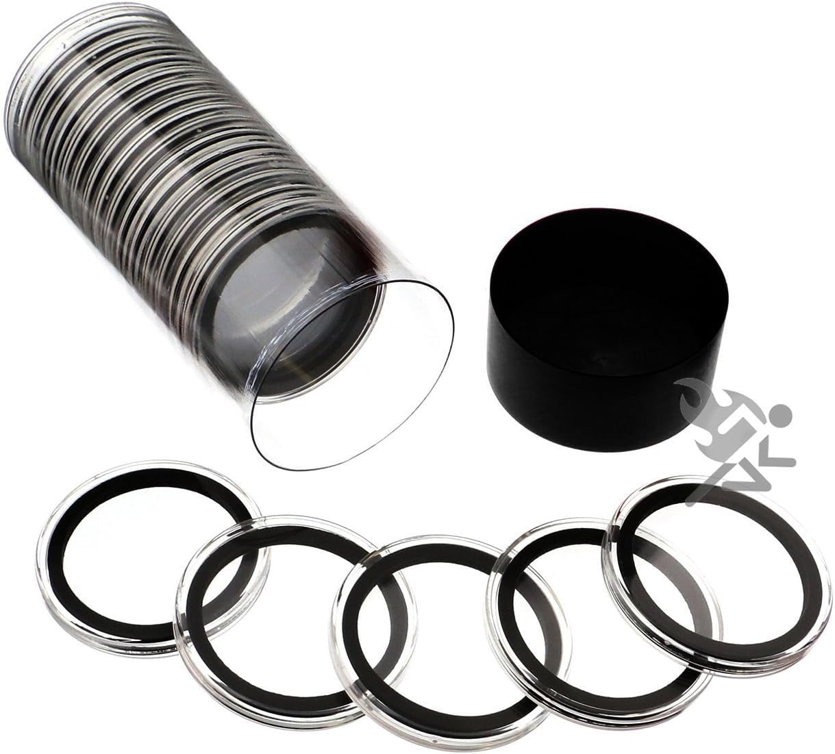 OnFireGuy 20 Air-Tite 40mm Black Ring Coin Capsules & Black Lid Capsule Tube | Coin Holders for 1 oz Silver Eagles with Plastic Storage Tube Combo