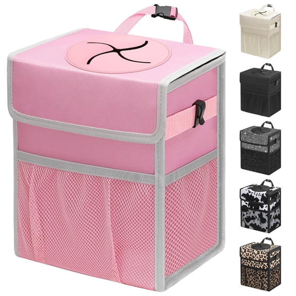 Black Lidded Leakproof Hanging Car Trash Can with Storage Pockets, Waterproof Mini Automotive Garbage Bin for Front and Back Seats, 2.5 Gallon Capacity