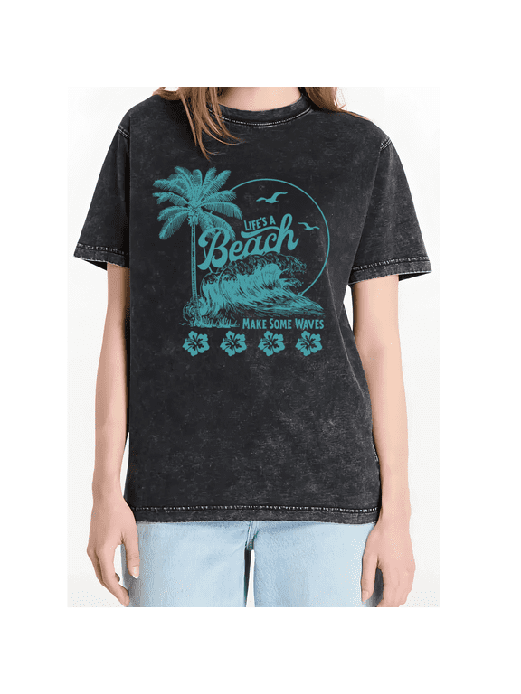 Black Life's A Beach Make Some Waves Palm Tree Hibiscus Print Tshirt Graphic Tees Shirts Tropical Summer Casual Tops S-2XL