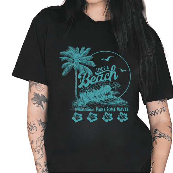 Black Life's A Beach Make Some Waves Summer Palm Tree Hibiscus Graphic Tees Print Tshirt Shirts Vacation Tops S-5XL