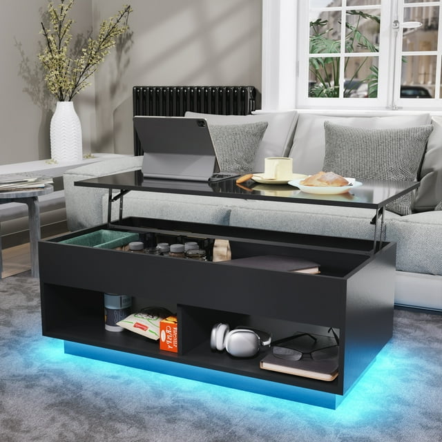 Black Lift Coffee Table with LED Lights Lift Top Coffee Table with