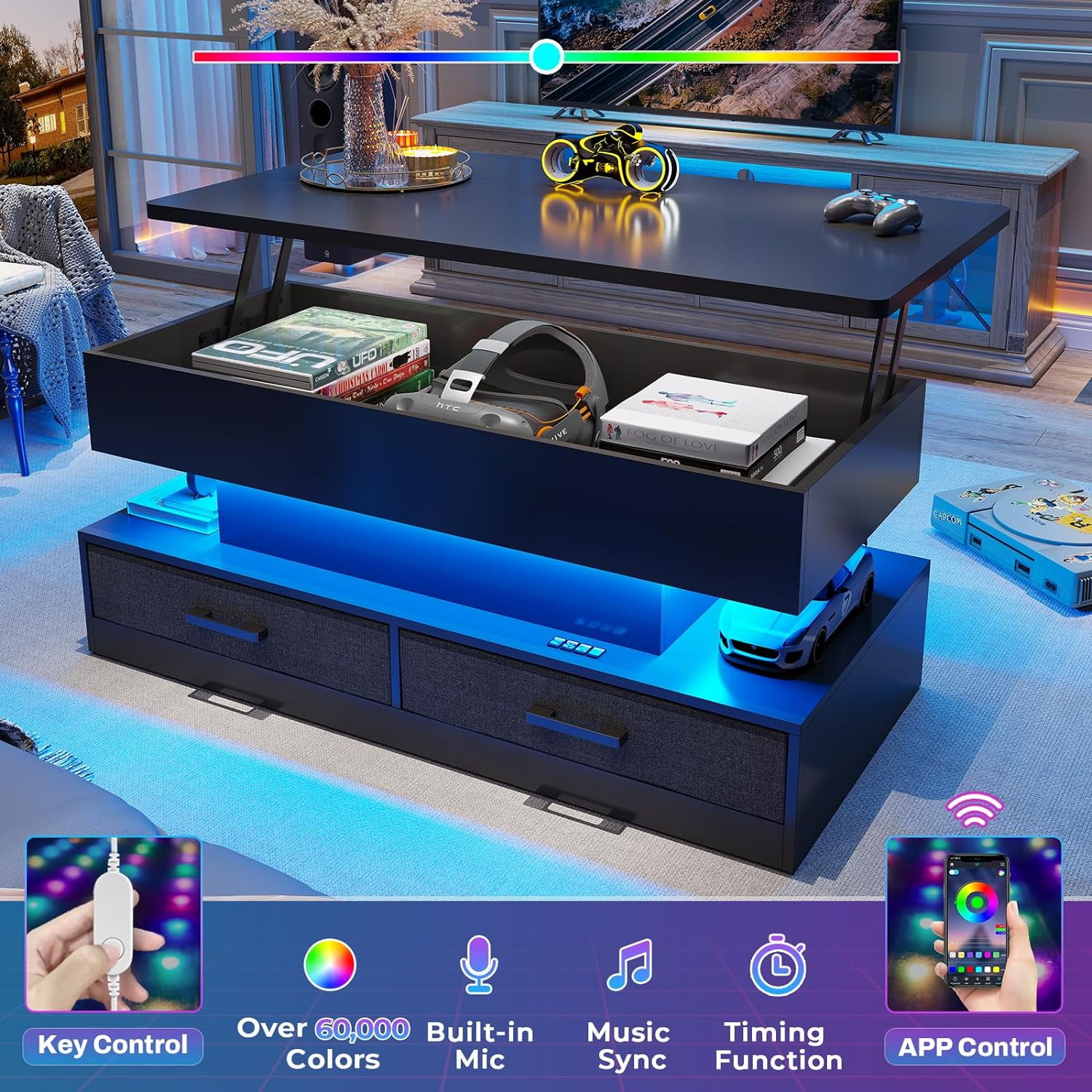 Black Lift Top Coffee Table 40" Coffee Table with Storage&2 Fabric Drawers & LED Lights for