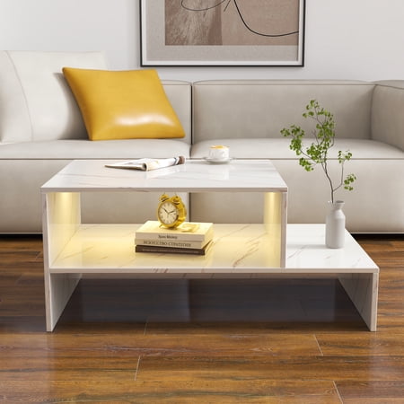 SYNGAR Modern LED Coffee Table, Coffee Desk with unique architectural shape, Smart Center Table for Living Room, White