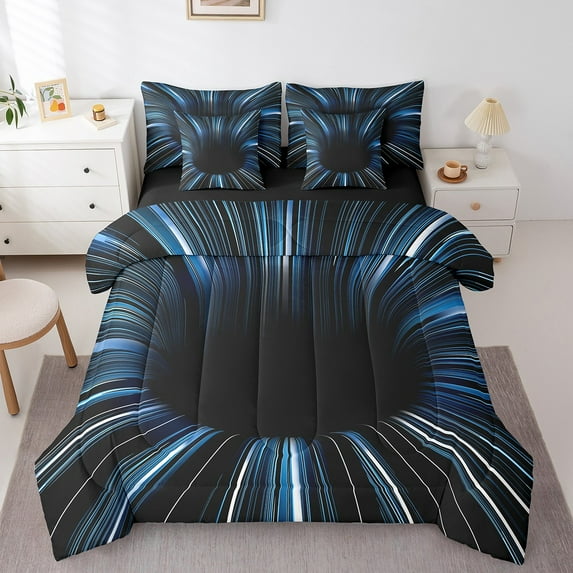 Black Light Blue 7 Piece Comforter Set Full Bed in a Bag,3D Black Hole Illusion Geometric Bedding Sets,Neon Lights Abstract Art Sheet Set with Comforter,Geometry Stripes Line Bed Set