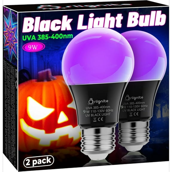 Black Light Bulbs,9 W LED Black Light Bulb for Halloween Decoration, UVA 385-400nm UV Black Light, A19 Blacklight Bulb for Glow in Dark, Body Paint Fluorescent Poster Glow Party, 2 Pack