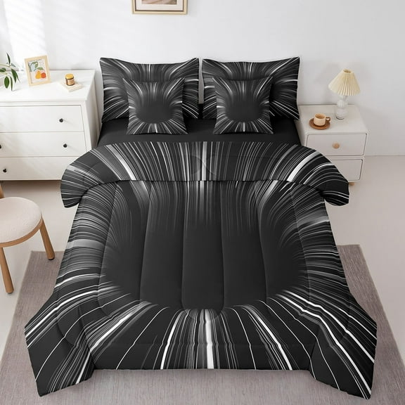 Black Light Grey Bed in a Bag Queen Comforter Set 7 Piece,3D Black Hole Abstract Geometric Bedding Sets,Modern Striped Circle Swirl Sheet Set with Comforter,Geometry Stripes Line