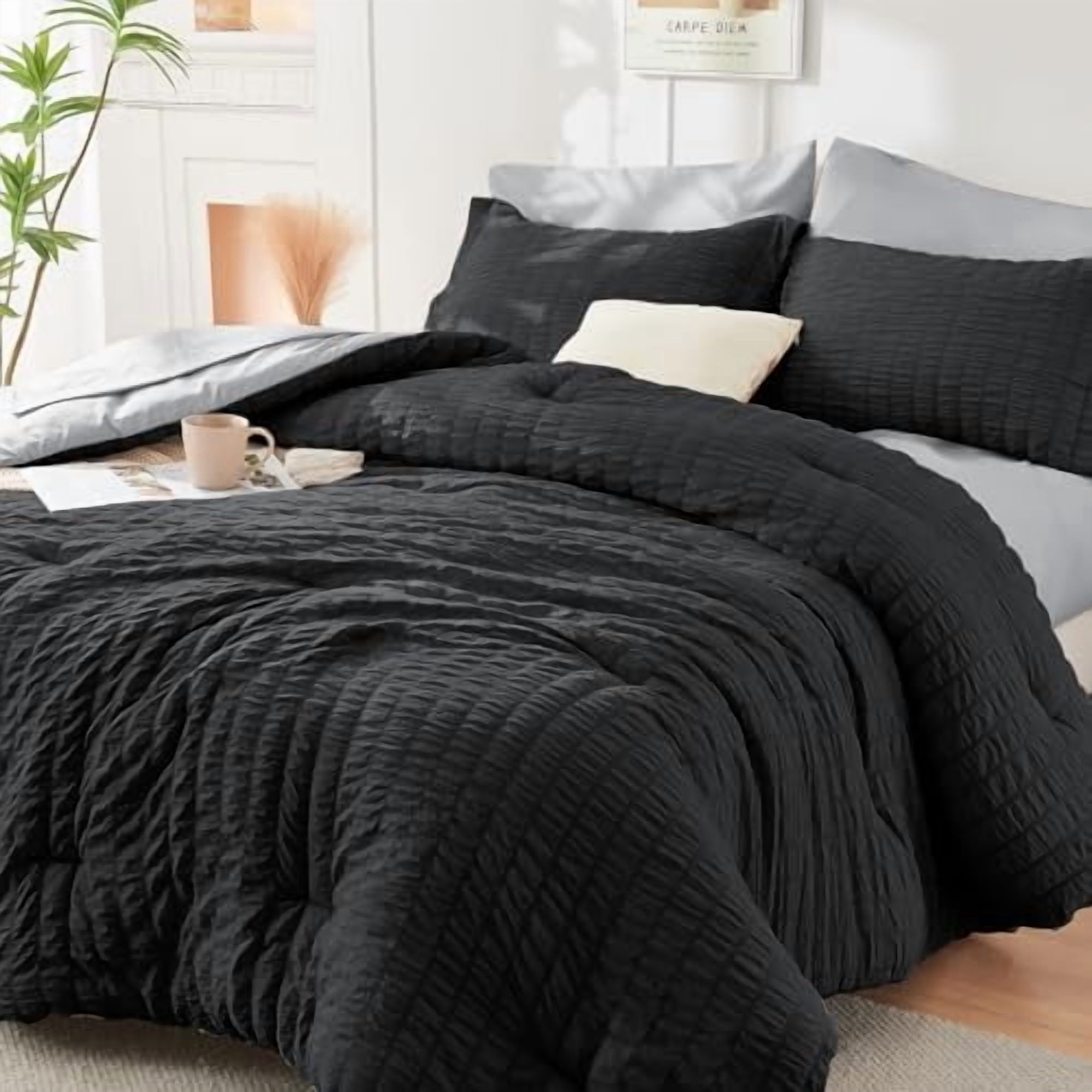 Black/Light Grey King Size Comforter Set Seersucker 7 Pieces, All ...