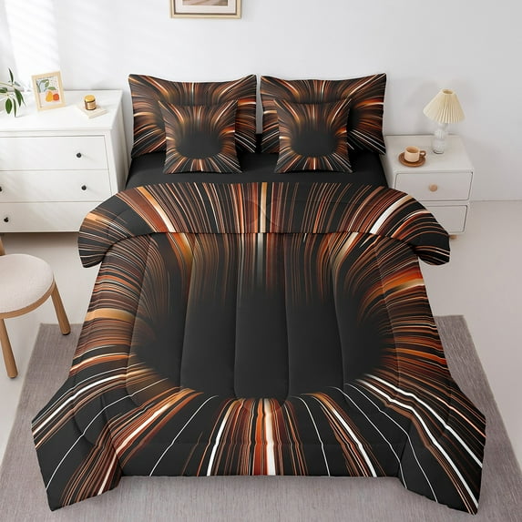 Black Light Orange 7 Piece Comforter Set Full Bed in a Bag,3D Black Hole Illusion Geometric Bedding Sets,Neon Lights Abstract Art Sheet Set with Comforter,Geometry Stripes Line Bed Set