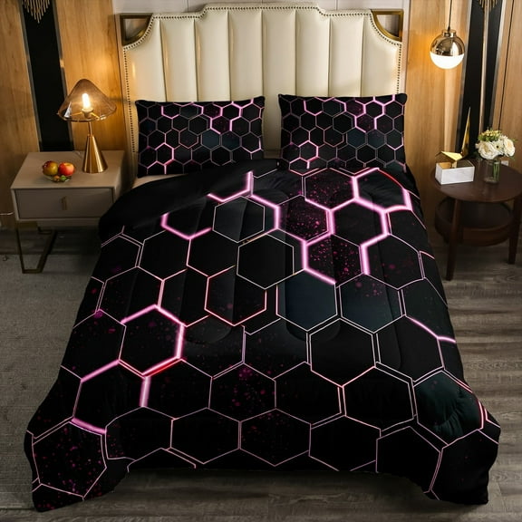 Black Light Pink Honeycomb Comforter Set Neon Hexagon Bedding Sets Geometric Beehive Full Size Quilt Sets Abstract Line Art Duvet Insert Modern Geometry Room Decor