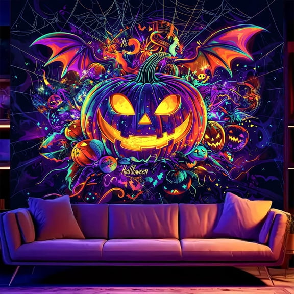 Black Light Tapestry 90L x 70W, UV Reactive Glow in the Dark Wall Hanging, Spooky Night Scene with Ghosts & Pumpkins, Haunting Home Decor for Parties Bedroom Dorm (Pumpkin Vine, Unframed)